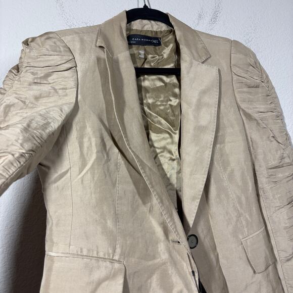 Zara Womens Small Ruched Sleeves Single Breasted Blazer Jacket Tan Career - Picture 3 of 8